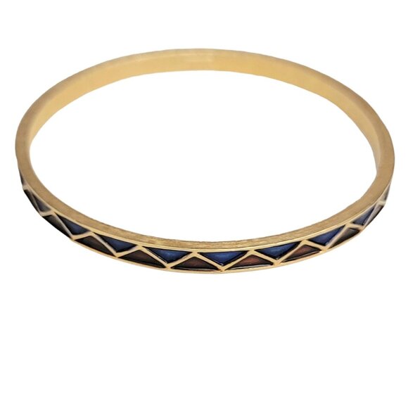 Trifari Crown Over T Gold Tone Red Blue Enamel Thin Bangle, Signed - Picture 1 of 7